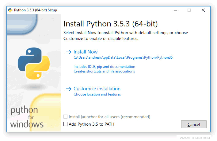 the first screen of Python installation on Windows
